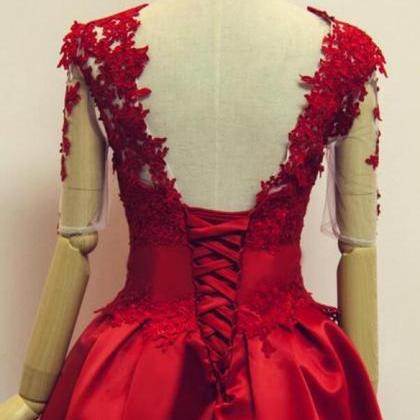 Red Short Sleeves Satin And Applique Homecoming..