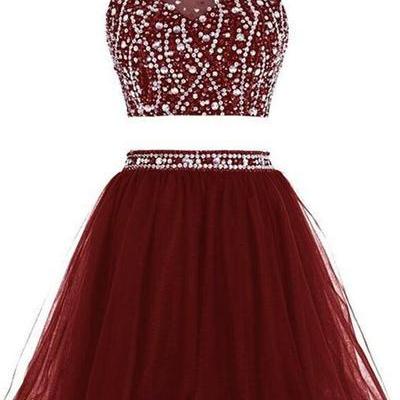 Tulle Two Piece Prom Dresses, Beaded Sparkle..