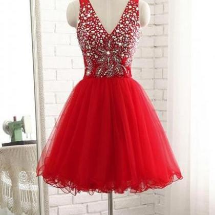 Red Short Beaded Sparkle Short Homecoming Dresses..