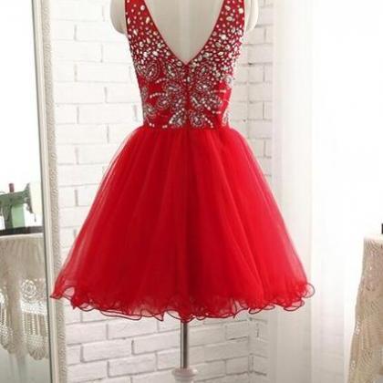 Red Short Beaded Sparkle Short Homecoming Dresses..
