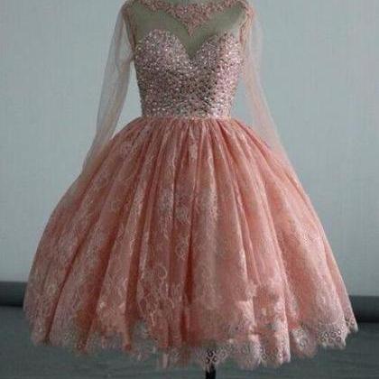 Pink round neck lace party dress, lace homecoming dress c3261