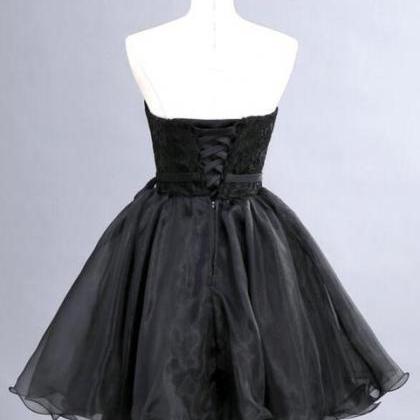 Elegant Black Short Lace-up Party Dress, Black..
