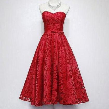 Charming Red Lace Tea Length Wedding Party Dress,..
