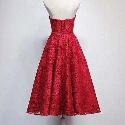 Charming Red Lace Tea Length Wedding Party Dress,..