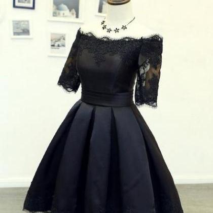 Black Short Sleeves Satin Homecoming Dress, Black..