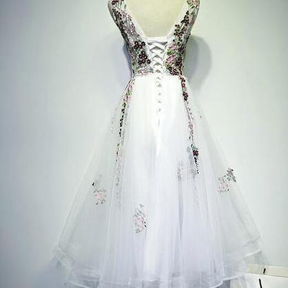 Beautiful White Tulle Floral Tea Length Party..