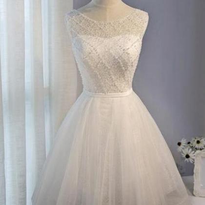 Cute White Short Tulle Beaded Graduation Dress, White Short Formal Prom Dress Formal Dress main image 1