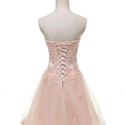 Tulle Pearl Pink Short Lace Applique Homecoming..