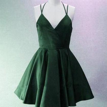 Green Halter Short Satin Long Party Dress, Green..