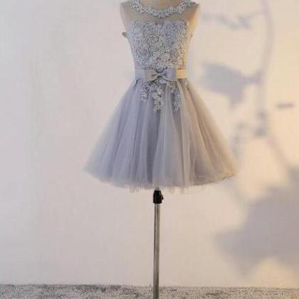 Grey Short Tulle Cute Party Dress, Handmade High..