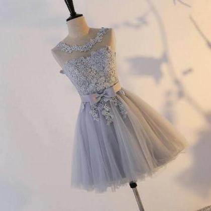 Grey Short Tulle Cute Party Dress, Handmade High..