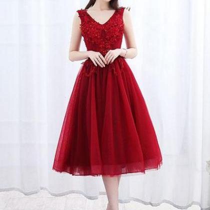 Wine Red Vintage Tea Length Homecoming Dresses,..