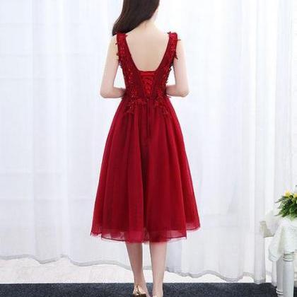 Wine Red Vintage Tea Length Homecoming Dresses,..