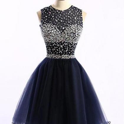 Navy Blue Sparkle Beaded Homecoming Dresses, Round..