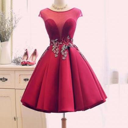 Dark Red Satin With Embroidery Knee Length Elegant..