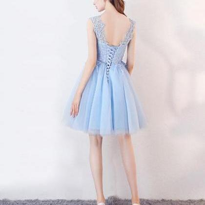 Light Blue Tulle Round Neckline Lace Cute Party..