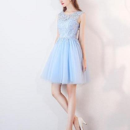 Light Blue Tulle Round Neckline Lace Cute Party..