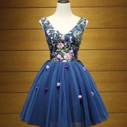 Blue V-neckline Homecoming Dresses, Cute Tulle..