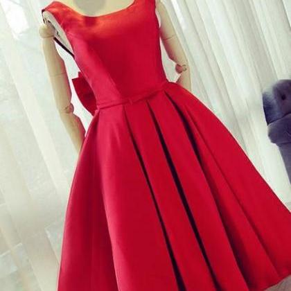 Red Satin Cute Party Dress With Bow, Satin..