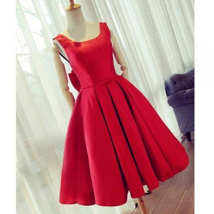 Red Satin Cute Party Dress With Bow, Satin..