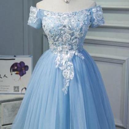 Light Blue Tulle Homecoming Dress,appliques..