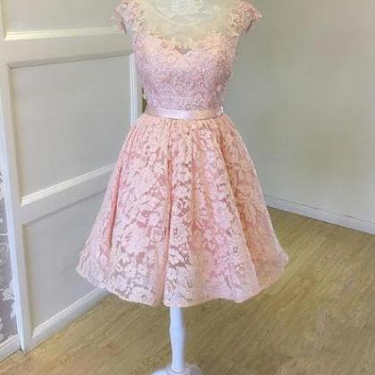 Pink Elegant Lace High Low Formal Dress, Round..