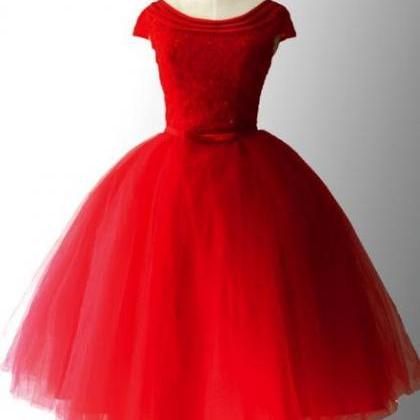 Red Tulle Round Neckline Party Dress, Vintage Red..