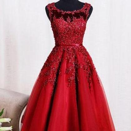 Red Tea Length Round Homecoming Dresses, Lace..