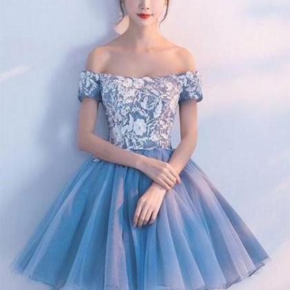 Blue Tulle Party Dress With White Lace, Off..