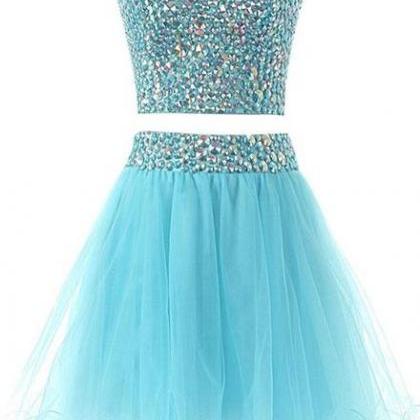 Light Blue Sparkle Beaded Two Piece Homecoming..