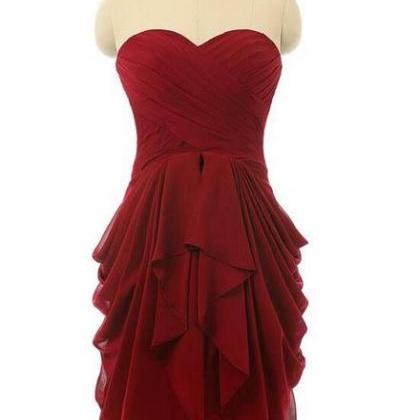 Dark Red Sweetheart Chiffon Short Bridesmaid Dress..