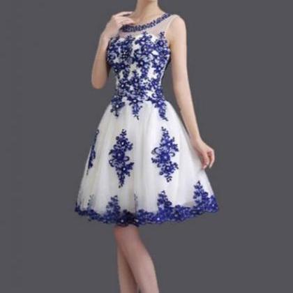 Pretty Blue Applique White Tulle Formal Dress,..