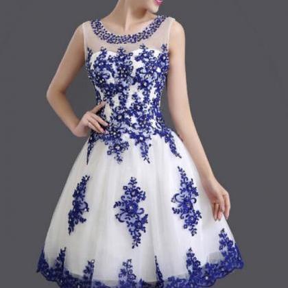 Pretty Blue Applique White Tulle Formal Dress,..