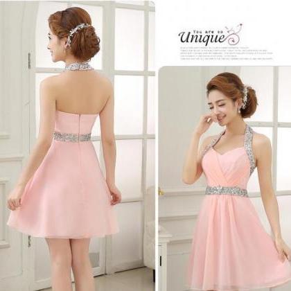 Pink Halter Cute Mini Chiffon Beaded Party Dress,..