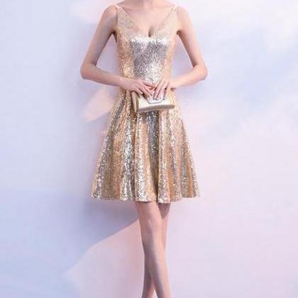 Gold Sequins V-neckline Short Evening Dress,..