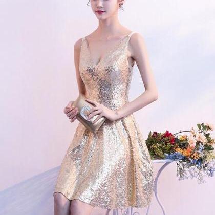 Gold Sequins V-neckline Short Evening Dress,..