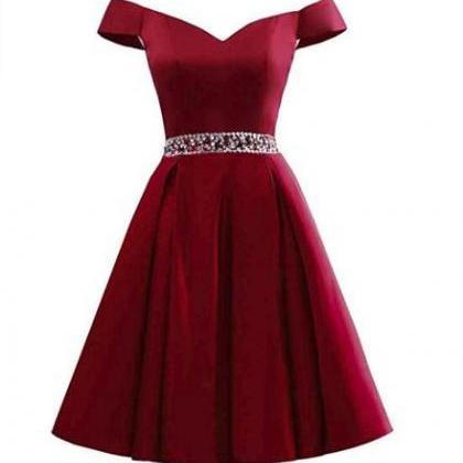 Wine Red Off Shoulder Satin Homecoming Dress, Cute..