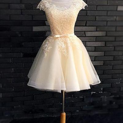 Champagne Lace Cute Knee Length Formal Dress,..