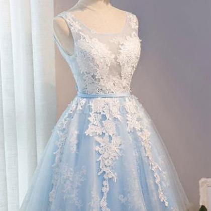Blue Simple Tulle Homecoming Dress Lace Applique,..