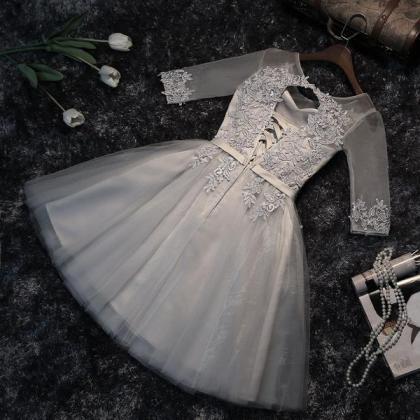 Grey Short Sleeves Homecoming Dresses, Elegant..