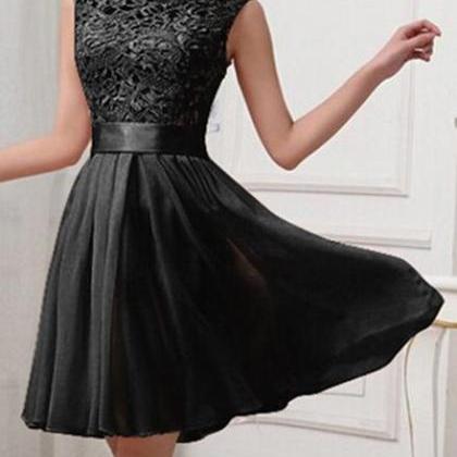 Black Chiffon And Lace Sleeves Knee Length..