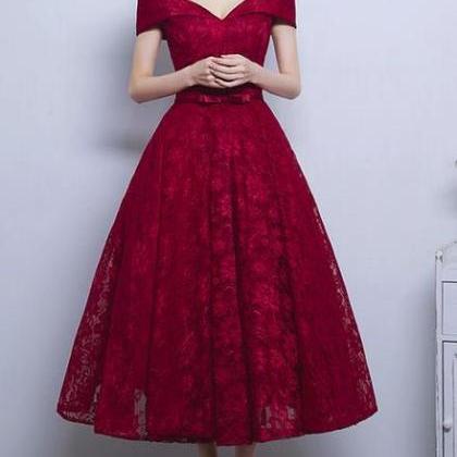 Wine Red Lace High Quality Tea Length Off Shoulder..