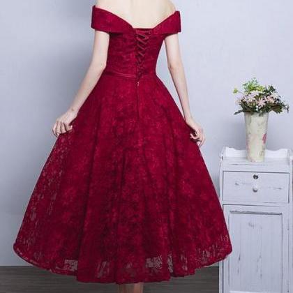 Wine Red Lace High Quality Tea Length Off Shoulder..