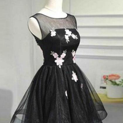 Black Tulle O Neckline Short Homecoming Dresses,..