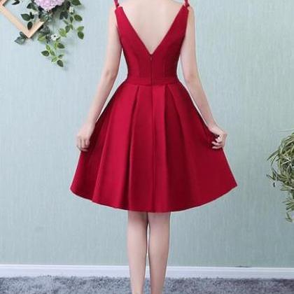 Dark Red Satin Homecoming Dresses, Red Short Cute..