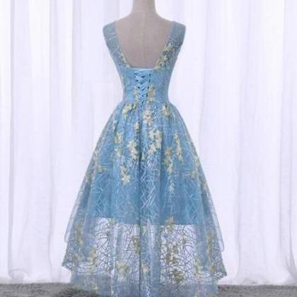 Light Blue Lace and Organza High Low Dresses, High Low Party Dresses, Cute Teen Dresses