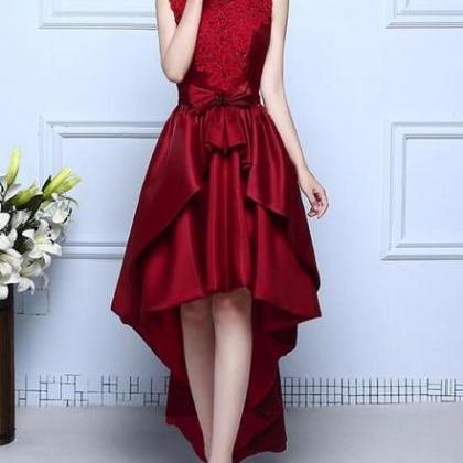 Wine Red Satin And Lace High Low Homecoming Dress..