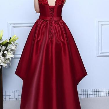 Wine Red Satin And Lace High Low Homecoming Dress..