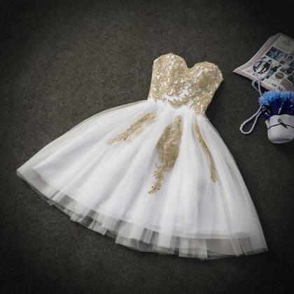 Cute White Tulle Party Dress With Gold Applique,..