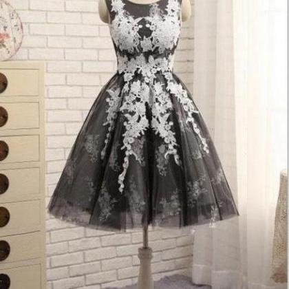Black Tulle With White Lace Round Neckline Knee..
